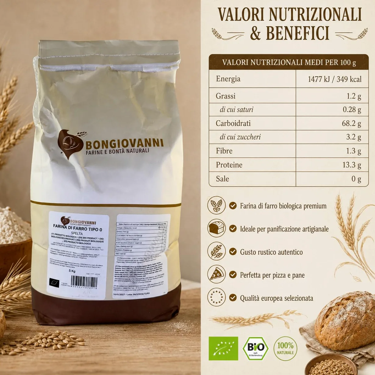 BONGIOVANNI Farine e Bontà Naturali Farina di Farro Spelta Tipo 0 Bio 5 kg – Gusto Delicato e Leggermente Nocciolato