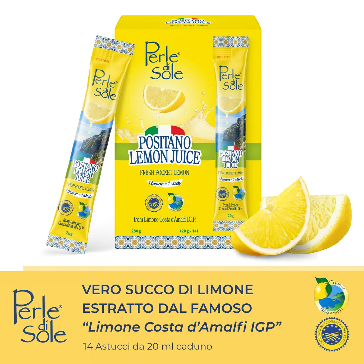 Perle di Sole – Positano Lemon Juice in Stick, 14 Astucci da 20 ml – Vero Succo di Limone Costa d’Amalfi I.G.P. 100% Italiano – Pratico e Naturale, Made in Italy