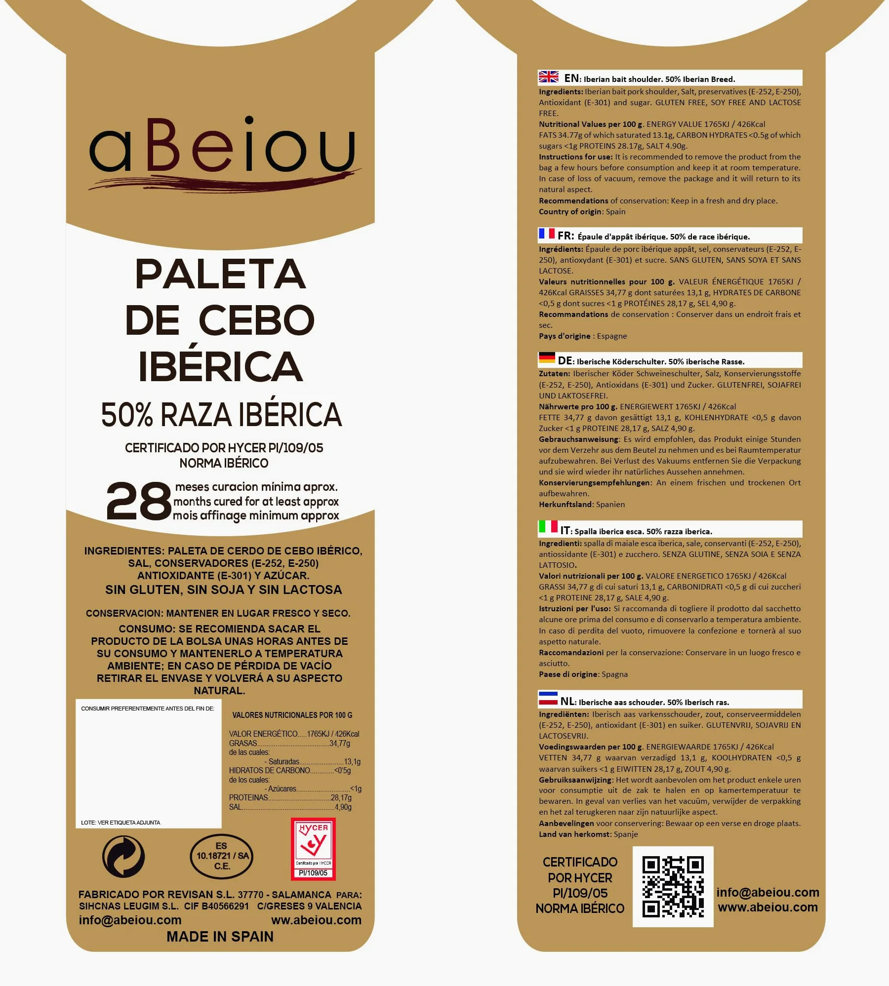 Prosciutto Iberico (Spalla) Intero con Osso 4,5–5 kg — Stagionatura +28 Mesi — Cert. Hycer — Guijuelo Spagnolo — Paleta Ibérica — aBeiou