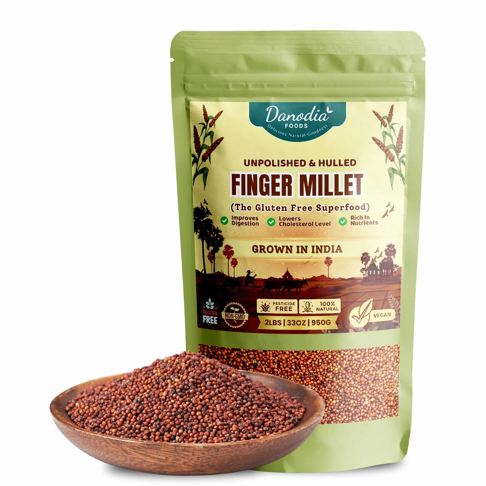 Danodia Foods Miglio Indiano Finger Millet/Ragi (2lbs | 950g | 33oz) | Miglio Rosso Decorticato Integrale, Non Lavorato, Senza Glutine, Superfood a Chicco Intero (Scansiona il QR per nuove ricette)