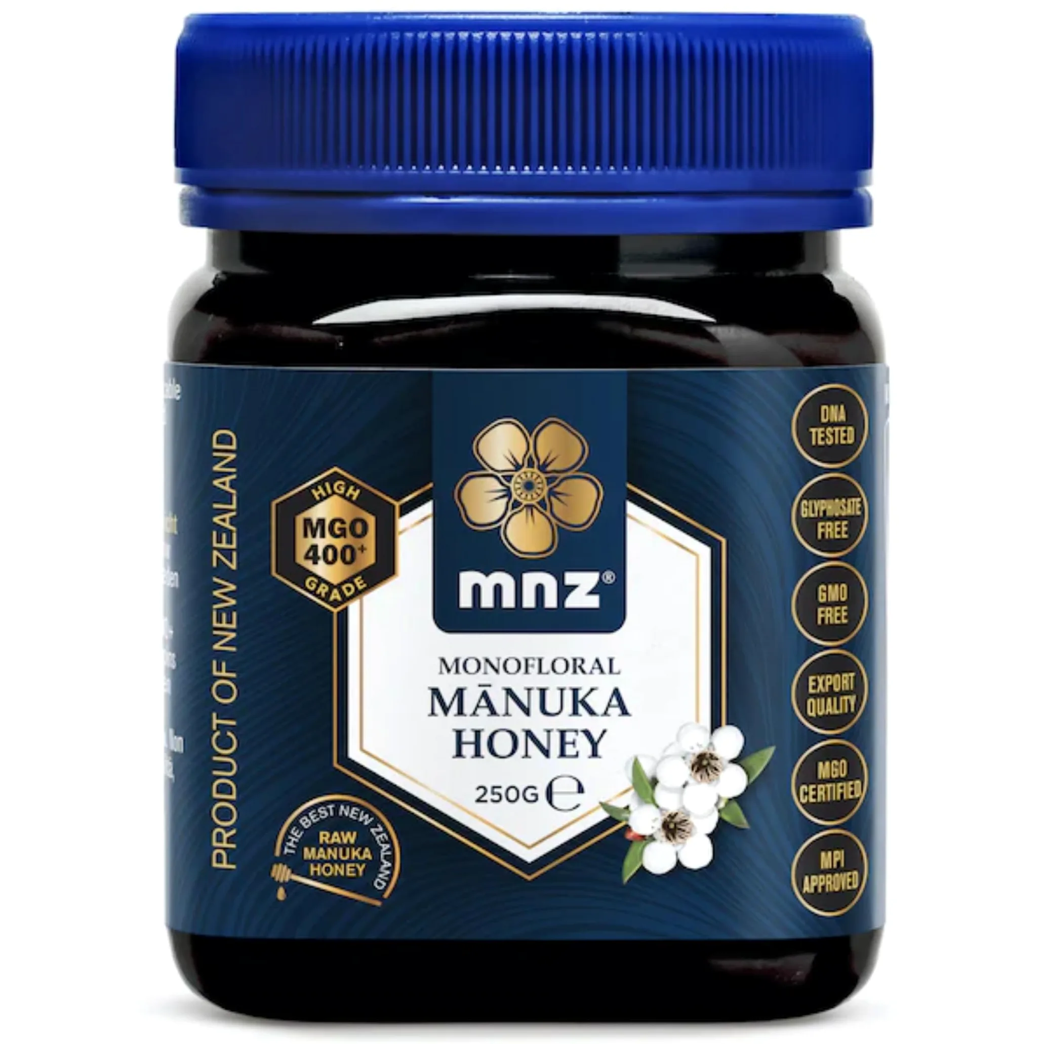 MNZ Miele di Manuka crudo 400+ MGO da 250 grammi, monofloreale puro, prodotto e invasettato crudo in Nuova Zelanda