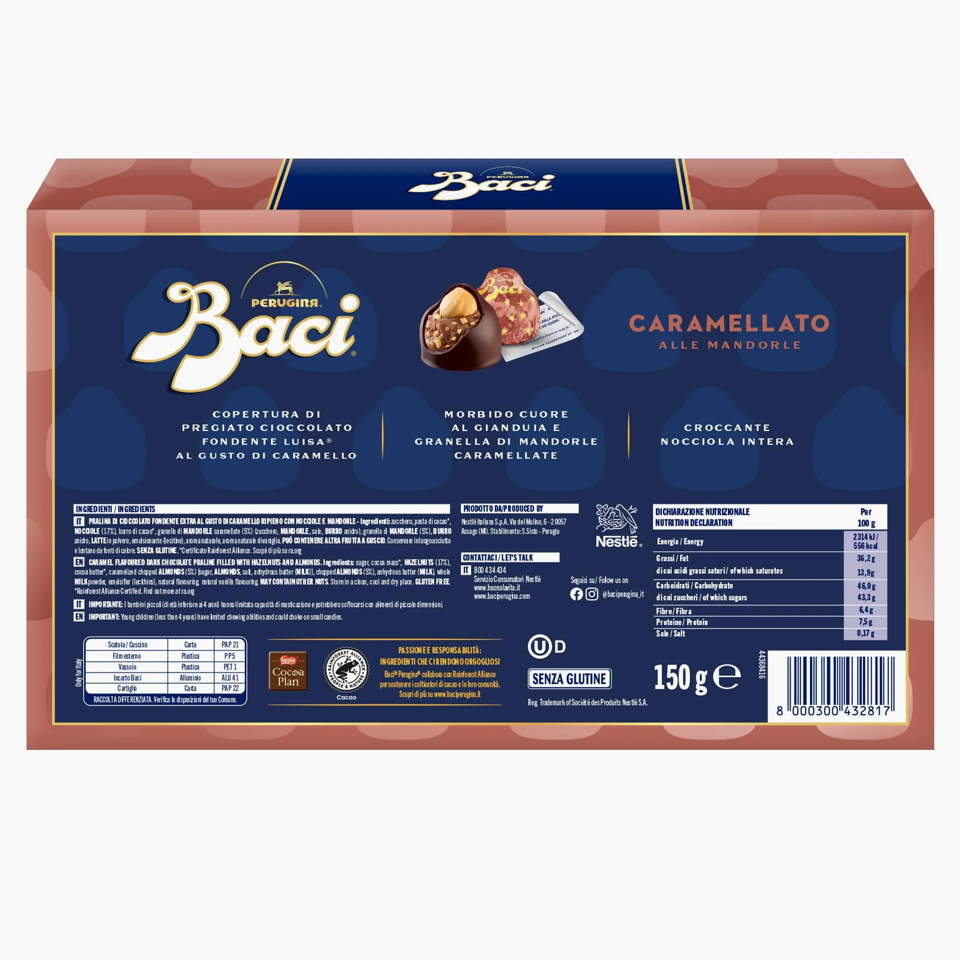 BACI PERUGINA Caramellato alle Mandorle Cioccolatini Fondenti ripieni al Gianduia, Scatola Regalo 150g