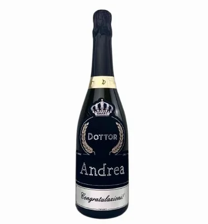 Bottiglia per Festa di Laurea PERSONALIZZABILE - Bottiglia regalo spumante italiano 0,75L con scritta Auguri Dottore in autentici cristalli e possibilità di personalizzare il nome (AUGURI DOTTORE)