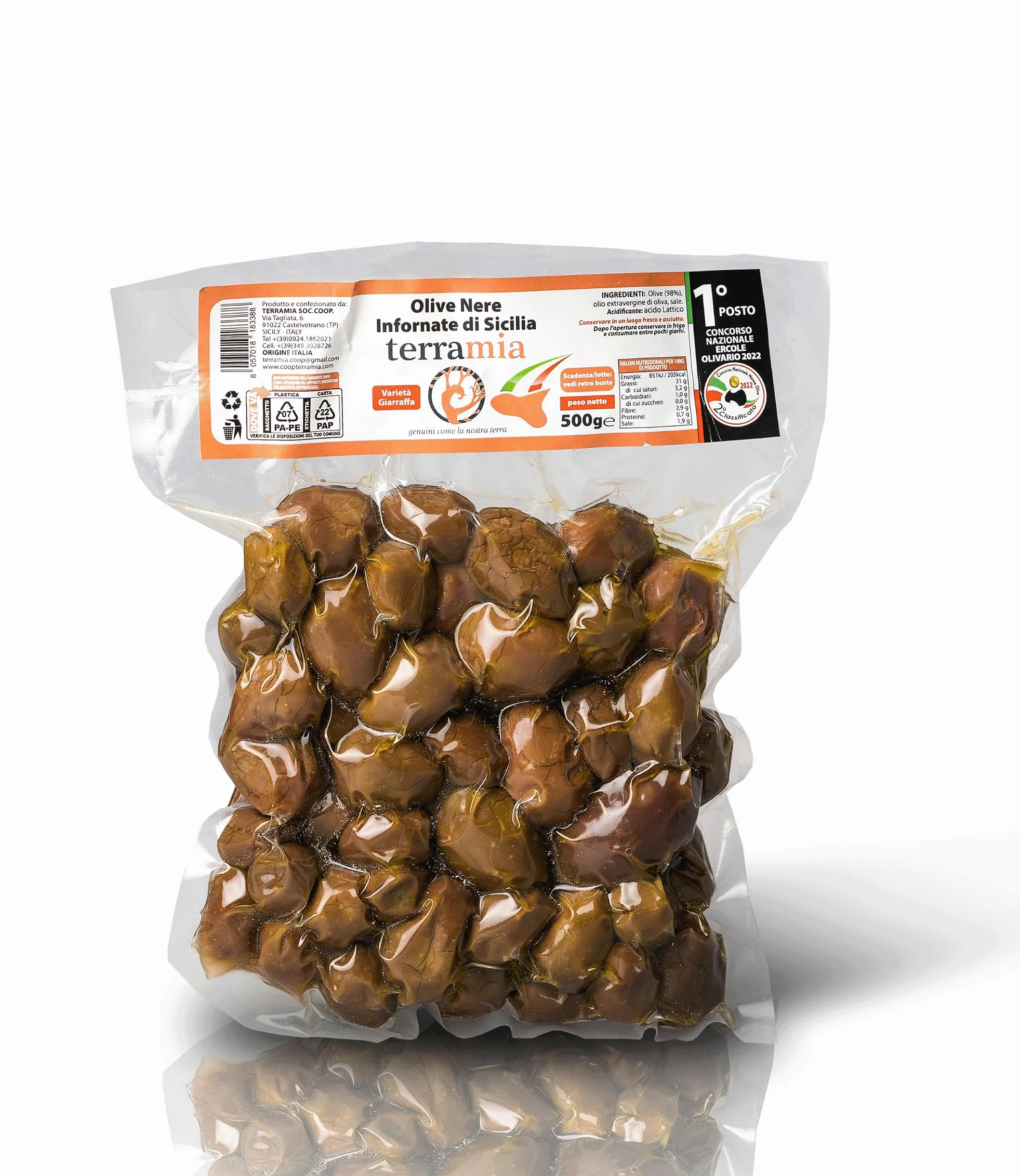 Terramia Olive Nere al Forno Siciliane Varietà "Giarraffa" – Prodotto Artigianale da Azienda Premiata Ercole Olivario e Monna Oliva, Formato Scorta 2kg (4 Buste x 500g)