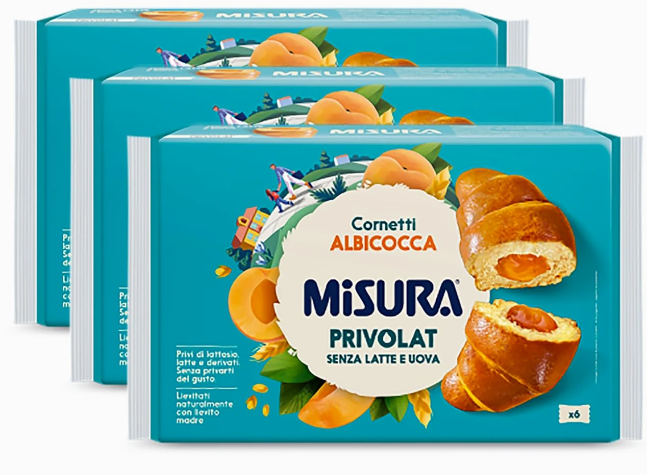 3X Misura Privolat Cornetti Albicocca Senza Latte e Uova (Lactose Free), Croissant Soffici e Farciti, 298g