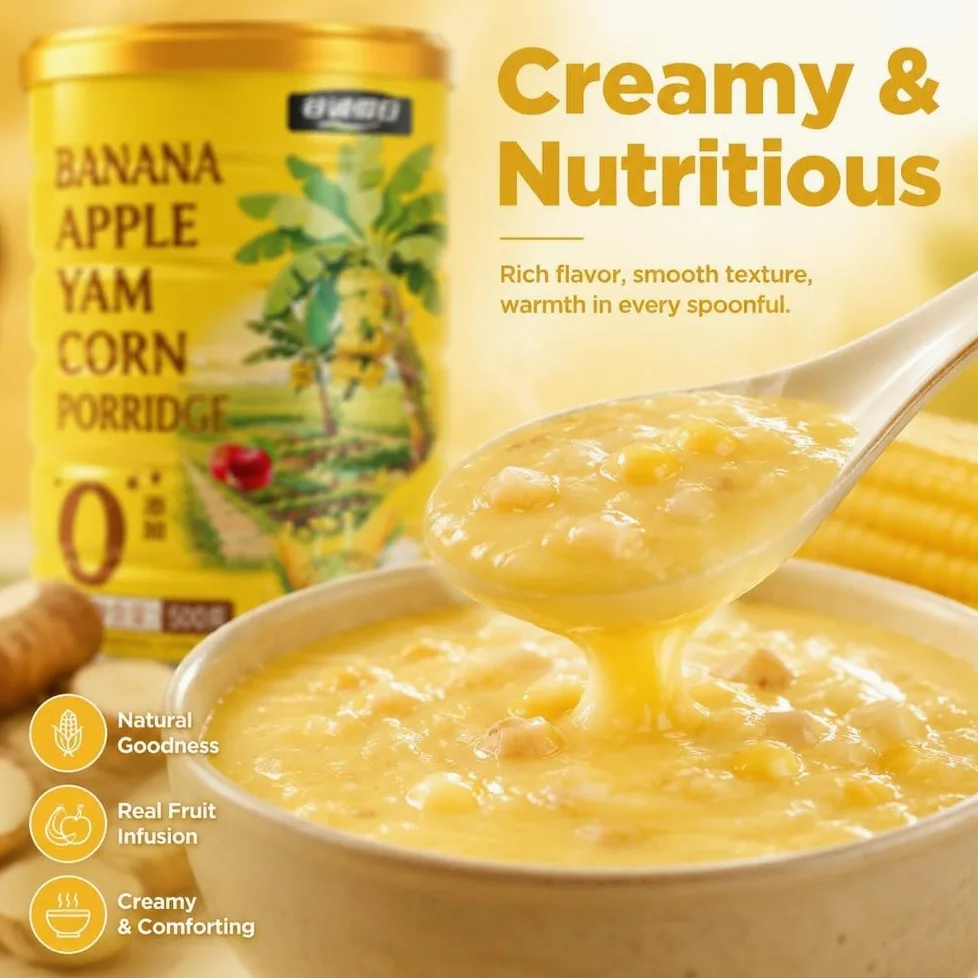 Polvere di mais istantanea con banane e mele, 500 g | Cereali caldi istantanei 30s con patate dolci, mais, banane, mele, pezzetti di vera frutta, 500 g.