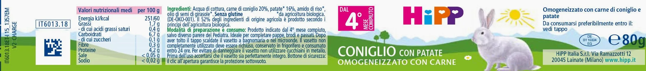 HiPP - Omogeneizzato di Carne per Neonati, Gusto Coniglio con Patate, Senza glutine, Senza Sali e Aromi Aggiunti, 24 Vasetti da 80 g