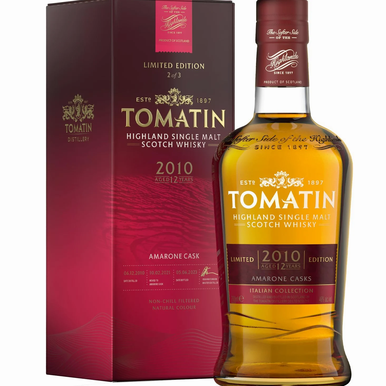 Tomatin Italian Collection Amarone Whiskey - Highland Single Malt Scotch Whisky Maturato in Botti di Amarone e Bourbon, 46%, Bottiglia in Vetro da 70cl