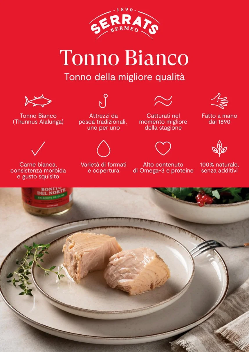 CONSERVAS SERRATS - Tonno Bianco del Cantabrico in Marinata Artigianale - 12 Lattine x 112g (Totale: 1344g) - Ricetta Tradizionale con Paprica - Senza Glutine - Ricco di Omega 3 – Gourmet