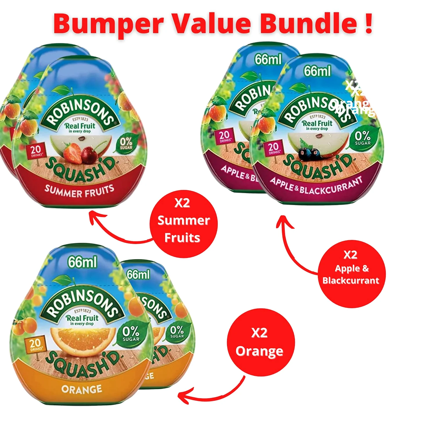Robinsons Squash'd - 3 confezioni da 6 aromi (6 bottiglie da 66 ml), 2 frutti estivi in bundle con 2 arance e 2 mele e ribes nero, senza zucchero aggiunto frutta reale in ogni goccia