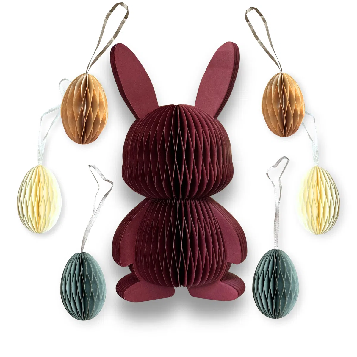 Set di 7 decorazioni pasquali – Carta a nido d'ape, coniglietto pasquale rosso bordeaux (20 cm) e 6 uova di Pasqua da appendere, magnetica, riutilizzabile, decorazione primaverile per